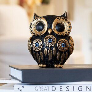 Decorative Owl Figurine Vintage Blue and Gold Owl Statue Home Décor (Black)